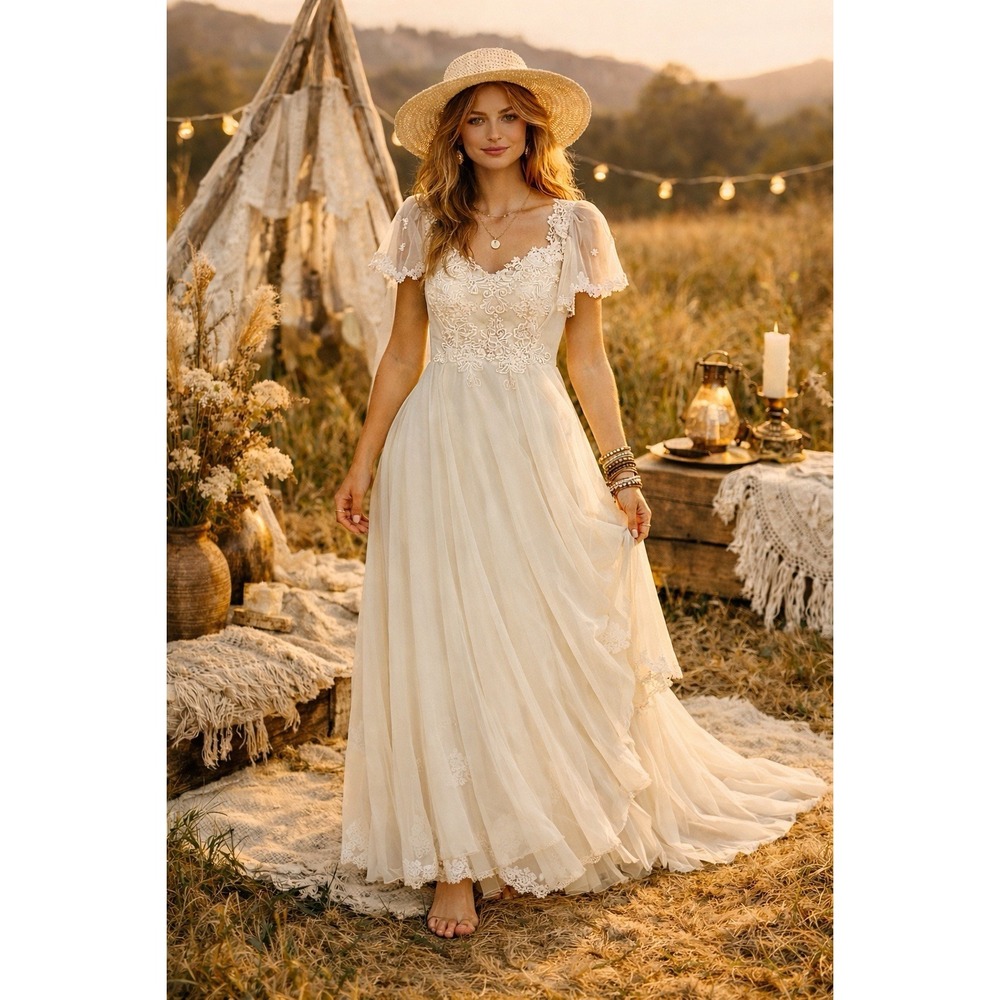VTG Women's 10? SEE RUNS XS Off White Lace Wedding Gown 1970s Slight Train SEE